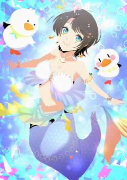 absurdres ahoge armband bandana bare_shoulders bikini bikini_top_only bird blue_tail blush bracelet breasts brown_hair bubble cleavage collarbone commentary_request crescent crescent_earrings duck earrings fins gem geometric_pattern hair_ornament hexagon highres hololive huge_ahoge jewelry large_breasts mermaid mitosupa_(qsiqydfz7nesh9w) monster_girl monsterification navel necklace oozora_subaru oozora_subaru_(holonatsu_paradise) outstretched_arms pearl_(gemstone) pearl_necklace sarong shell shell_hair_ornament shell_necklace short_hair starfish_hair_ornament subatomo_(big) subatomo_(oozora_subaru) subatomo_(small) swept_bangs swimming swimsuit tail tail_ornament tail_ring underwater virtual_youtuber wristband