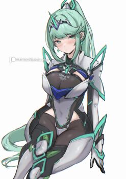 1girl absurdres armor black_leotard black_thighhighs blush chascoby chest_jewel core_crystal_(xenoblade) earrings green_eyes green_hair high_ponytail highres invisible_chair jewelry leotard long_hair pneuma_(xenoblade) ponytail see-through_cleavage see-through_clothes see-through_leotard simple_background sitting solo thighhighs white_armor white_background xenoblade_chronicles_(series) xenoblade_chronicles_2