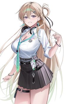 1girl absurdres artist_name black_nails black_skirt blonde_hair braid braided_bangs breasts cleavage commentary earrings fingernails hair_between_eyes hair_ornament hand_up headphones headphones_around_neck highres idasu_(hyun9164) jewelry large_breasts long_hair lynae_(wuthering_waves) nail_polish purple_eyes shirt shirt_tucked_in simple_background skirt skull_hair_ornament smile solo star_(symbol) star_earrings thighs very_long_hair white_background white_shirt wuthering_waves