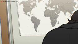 1girl all_fours animated artist_name ass ass_focus ass_shake audible_music bent_over black_pants brown_hair chainsaw_man chair gurumo_(twitter) higashiyama_kobeni huge_ass interior looking_at_viewer looking_back pants ponytail short_ponytail solo sound table tagme video