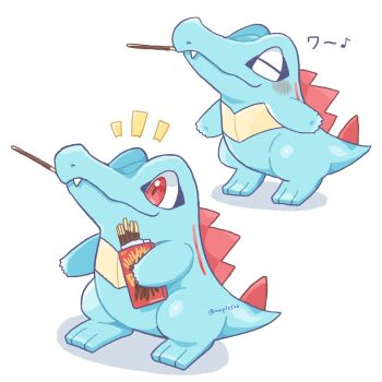closed_eyes closed_mouth commentary_request food gen_2_pokemon highres holding kana_(maple926) musical_note nintendo no_humans pocky pokemon pokemon_(creature) red_eyes shadow simple_background smile totodile twitter_username white_background
