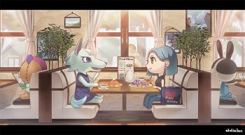 1boy 3girls animal_crossing artist_name bag bear_boy black_sweater blue_dress blue_eyes blue_hair blue_skirt blunt_ends blush booth_seating closed_mouth coffee coffee_mug coffee_pot cup curtains day dotty_(animal_crossing) dress drinking_glass earrings eyelashes food fork furry furry_female furry_male green_eyes green_shirt hair_behind_ear happy_birthday heart holding holding_fork house indoors jewelry letterboxed long_skirt menu mikan@renshu-chu mug multiple_girls nintendo open_mouth pancake picture_frame plant plate profile rabbit_girl restaurant saucer shirt shopping_bag short_hair short_sleeves sitting skirt sleeveless sleeveless_dress sleeveless_sweater smile stitches_(animal_crossing) strawberry_syrup sweater syrup t-shirt table tile_floor tiles tree triangle_print turtleneck turtleneck_sweater villager_(animal_crossing) whipped_cream whitney_(animal_crossing) window wolf_girl