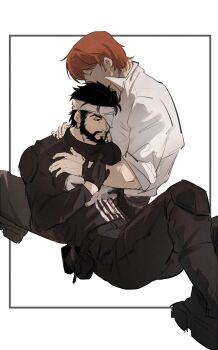 Rule 34 | 2boys, bandage over one eye, black eyes, black facial hair, black gloves, black hair, black pants, black shirt, couple, facial hair, film grain, gloves, hand on another's arm, hand on another's chest, hashtag-only commentary, highres, hug, kissing hair, male focus, marvel, matt murdock, mature male, multiple boys, orange hair, pants, shirt, short hair, sideburns, sitting, skull, specter515021, the punisher (character), white background, white shirt, yaoi