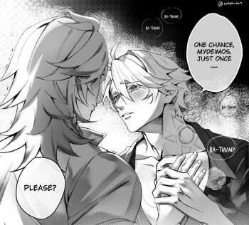 2boys antenna_hair black_shirt blush braid collarbone collared_shirt commentary greyscale hand_on_another's_hand highres honkai:_star_rail honkai_(series) looking_at_another male_focus medium_hair monochrome multiple_boys mydei_(honkai:_star_rail) neck_tattoo nosafeubon partially_unbuttoned phainon_(honkai:_star_rail) shirt short_hair side_braid sun_symbol sun_tattoo symbol-only_commentary tan tattoo white_shirt yaoi