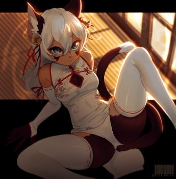 1girl animal_ear_fluff animal_ears bare_shoulders breasts cat_ears cat_girl cat_tail commentary elbow_gloves feet_out_of_frame fingerless_gloves furry furry_female gloves grey_eyes hair_between_eyes highres legs_apart long_hair medium_breasts original panties pita-potato ribbon_trim solo tail thighhighs underwear white_panties white_thighhighs