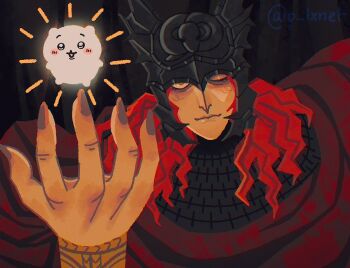 1boy armor black_snake chainmail chiikawa chiikawa_(character) commentary creature crossover elden_ring elden_ring:_shadow_of_the_erdtree english_commentary hand_up helmet highres medium_hair messmer_the_impaler one_eye_closed ornate_armor p_lxnet red_hair red_robe red_shawl red_snake robe shawl signature single_bracelet snake twitter_username winged_helmet yellow_eyes