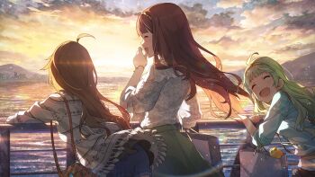 3girls against_railing ahoge bag bent_over brown_hair closed_eyes commentary_request floating_hair from_behind game_cg green_hair green_shirt hairband idolmaster idolmaster_million_live! idolmaster_million_live!_theater_days lens_flare long_hair multiple_girls official_art open_mouth outdoors railing shimabara_elena shirt shopping_bag smile standing sunset tanaka_kotoha third-party_source tokoro_megumi tristar_vision_(idolmaster)