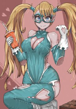 Rule 34 | 1girl, alternate costume, artist name, artist request, blonde hair, blue eyes, breasts, cleavage cutout, clothing cutout, drinking straw, eye mask, gloves, heart cutout, large breasts, long hair, mask, one leg raised, rainbow mika, smile, street fighter, twintails