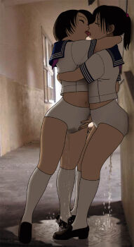2girls black_hair black_socks closed_eyes female_focus french_kiss hair_bobbles hair_ornament happy hug kiss kneehighs midriff multiple_girls munio_world navel original panties peeing peeing_self peeing_together ponytail puddle purposeful_wetting school_uniform shirt short_hair short_sleeves socks tongue underwear wet wet_clothes wet_panties white_panties white_shirt white_socks window yuri