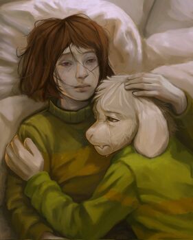 1boy 1other adoptive_siblings animal_ears asriel_dreemurr brown_hair chara_(undertale) child closed_mouth crying dying fang furry furry_male goat_boy goat_ears highres lips lying ncromania nose painterly realistic short_hair sick striped_clothes sweater undertale utdr_(toby_fox) white_fur