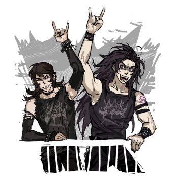 2boys \n/ abaddon_(haunted_hotel) aged_up arm_up black_hair black_nails black_shirt black_tank_top bracelet brown_hair chinese_commentary choker commentary_request cowboy_shot ear_piercing fangs fence grin haunted_hotel highres jewelry long_hair looking_at_another male_focus multiple_boys ok_k.o.!_let&#039;s_be_heroes piercing purple_eyes red_eyes repeeksdnuorg shirt smile spiked_bracelet spikes t.k.o. tank_top torn_clothes torn_sleeves trait_connection white_background