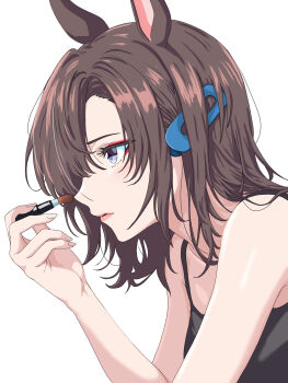 1girl air_groove_(umamusume) black_camisole blue_eyes brown_hair camisole commentary_request eyeshadow from_side hair_ornament hairclip highres holding holding_brush holding_makeup_brush lipstick looking_to_the_side makeup makeup_brush mascara_wand parted_bangs short_hair sidelocks simple_background solo umamusume upper_body white_background zenbrush2