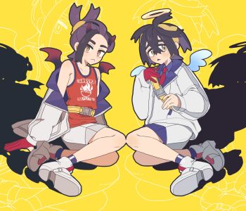 2boys :&lt; angel angel_and_devil angel_wings black_hair blue_socks blush closed_mouth commentary_request crossed_bangs demon_boy demon_wings dual_persona gloves hairband halo highres horns jacket kieran_(pokemon) korean_commentary long_sleeves looking_at_viewer male_focus mole mole_on_neck multicolored_hair multiple_boys nintendo off_shoulder open_clothes open_jacket peeking_pickle pokemon pokemon_sv purple_hair red_gloves red_tank_top shadow shoes shorts simple_background single_glove sitting socks tank_top tears white_jacket white_shoes white_shorts wings yellow_background yellow_hairband