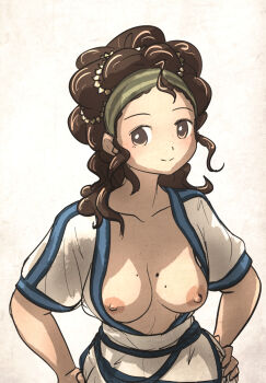 1girl blush breasts breasts_out brown_eyes brown_hair collarbone commentary english_commentary hands_on_own_hips highres ironlily long_hair looking_at_viewer medium_breasts nipples no_pupils original simple_background smile solo white_background