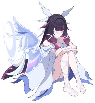 1girl bare_shoulders black_hair closed_eyes closed_mouth columbina_(genshin_impact) commentary_request dress eye_mask feathered_wings genshin_impact hair_ornament head_wings highres long_hair mask multicolored_hair multiple_wings pink_hair purple_hair ribbon simple_background smile streaked_hair two-tone_hair vec_ka very_long_hair white_background white_dress white_headdress white_mask white_wings wing_hair_ornament wings wrist_bow x-shaped_eyewear