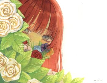 1girl commentary_request covered_mouth flower grey_eyes highres long_hair looking_at_viewer monou_pico original peeking_out red_hair rose simple_background solo twitter_username upper_body white_background white_flower white_rose