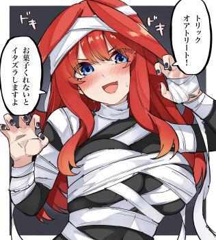 1girl absurdres ahoge bandages black_nails blue_eyes blush breasts claw_pose commentary_request go-toubun_no_hanayome hair_between_eyes hair_ornament highres looking_at_viewer mame1645 nakano_itsuki nervous_smile open_mouth red_hair shy siblings simple_background smile sound_effects speech_bubble translated upper_body