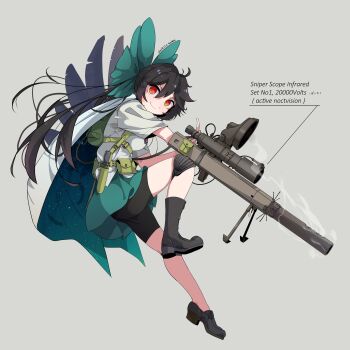 Rule 34 | 1girl, absurdres, arm cannon, bike shorts, bike shorts under skirt, black boots, black shorts, boots, bow, cape, commentary request, from side, full body, green bow, green skirt, grey background, gun, hair bow, highres, long hair, looking at viewer, red eyes, reiuji utsuho, shirt, shoes, shorts, simple background, single boot, single shoe, skirt, smile, solo, tami (joemanyodw), touhou, weapon, white shirt