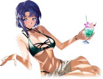 1girl alcohol artist_request bare_shoulders bikini black_choker blue_eyes blue_hair blush bracelet breasts cecile_croomy cherry choker cleavage closed_mouth code_geass code_geass:_lost_stories collarbone crossed_legs cup dappled_sunlight drink drinking_glass drinking_straw dutch_angle earrings female_focus flower food fruit game_cg green_bikini hands_up happy highleg highleg_bikini holding holding_drink holding_drinking_glass hoop_earrings ice ice_cube jewelry large_breasts looking_at_viewer matching_hair/eyes multi-strapped_bikini_top multicolored_bikini nail_polish navel non-web_source official_art orange_(fruit) orange_slice pink_flower red_nails sarong short_hair sidelocks simple_background sitting skindentation smile solo stomach sunlight sweat swimsuit transparent_background two-tone_bikini underboob white_sarong