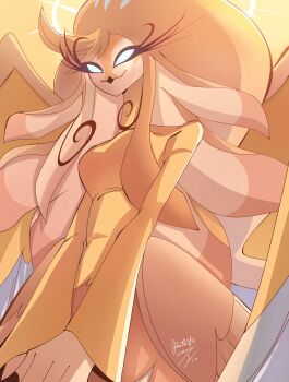 1girl absurdly_long_hair beak bird_girl blonde_hair blue_eyes commentary dress english_commentary feathers furry furry_female hazbin_hotel hellaverse highres long_eyelashes long_hair periq5xg solo speaker_of_god_(hazbin_hotel) very_long_hair yellow_dress yellow_feathers