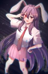Rule 34 | 1girl, :d, animal ears, arm up, blurry, blush, chromatic aberration, collared shirt, feet out of frame, film grain, glitch, glowing, glowing eye, hair between eyes, hakubo (usgr 0), hand on own face, hand on own hip, long hair, looking at viewer, miniskirt, necktie, open mouth, pink hair, pink skirt, pleated skirt, rabbit ears, rabbit girl, red eyes, red necktie, reisen udongein inaba, shirt, short sleeves, skirt, smile, solo, standing, tie clip, touhou, very long hair, white shirt