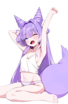 1girl absurdres armpits arms_up barefoot blue_eyes breasts camisole commentary_request cone_hair_bun crop_top double_bun fangs foot_out_of_frame fox_girl fox_tail hair_bun hair_intakes hair_rings highres korean_commentary long_hair looking_at_viewer medium_breasts midriff navel no_bra no_pants one_eye_closed open_mouth panties purple_hair purple_tail saenya simple_background sitting solo stellive stretching striped_clothes striped_panties tail tenko_shibuki underwear virtual_youtuber waking_up white_background white_camisole wispy_bangs yawning