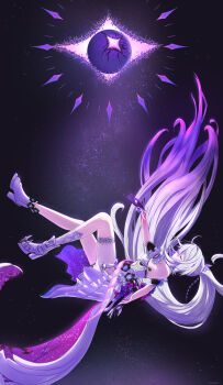 1girl absurdres ahoge boots breasts closed_eyes cocoon_of_finality_(honkai_impact) commentary commentary_request dress english_commentary falling gradient_hair highres honkai_(series) honkai_impact_3rd kiana_kaslana kiana_kaslana_(herrscher_of_finality) long_hair medium_breasts mixed-language_commentary multicolored_hair purple_hair purple_hands solo thigh_strap thighs tiara tsukigix two-tone_hair very_long_hair white_boots white_dress white_hair