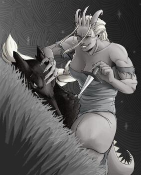 1boy 1girl breasts cleavage grass grey_background greyscale grin head_pinned_down highres holding holding_knife horns knife lying monochrome muscular muscular_female on_back pointy_ears princess_(slay_the_princess) rainsquall sharp_teeth slay_the_princess smile tail teeth the_eye_of_the_needle_(slay_the_princess) the_hero_(slay_the_princess) torn_clothes