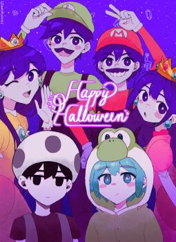 2girls 4boys absurdres aubrey_(headspace)_(omori) aubrey_(omori) basil_(headspace)_(omori) basil_(omori) brother_and_sister brothers cosplay crown dress facial_hair hair_between_eyes hero_(headspace)_(omori) hero_(omori) highres hood idawnrunner kel_(headspace)_(omori) kel_(omori) long_hair long_sleeves looking_at_viewer luigi luigi_(cosplay) mari_(headspace)_(omori) mari_(omori) mario mario_(cosplay) mario_(series) multiple_boys multiple_girls mustache nintendo omori omori_(omori) parody princess_daisy princess_daisy_(cosplay) princess_peach princess_peach_(cosplay) siblings simple_background smile toad_(mario) toad_(mario)_(cosplay) upper_body yoshi yoshi_(cosplay)