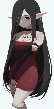 Rule 34 | 1girl, absurdres, anemoneeanemone, arm under breasts, bare legs, bare shoulders, bat necklace, black choker, black eyes, black hair, borrowed character, breasts, choker, cleavage, detached sleeves, dress, earrings, hair over one eye, highres, jewelry, licorice (justadrian), long hair, long pointy ears, long sleeves, looking at viewer, medium breasts, no pupils, original, pale skin, parted bangs, pointy ears, red dress, simple background, solo, strapless, strapless dress, very long hair, white background