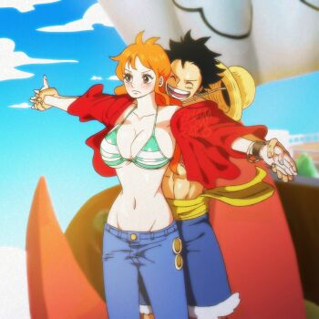 Rule 34 | 1boy, 1girl, artist name, bikini, bikini top only, black hair, blue sky, blush, breasts, cleavage, couple, curvy, denim, hat, highres, jeans, large breasts, long hair, monkey d. luffy, muscular, muscular male, nami (one piece), nami (one piece) (return to sabaody), navel, official alternate costume, one piece, open clothes, open shirt, orange hair, outstretched arms, pants, parody, scar, shampowrado, short hair, shorts, sky, straw hat, swimsuit, thousand sunny, titanic (movie)