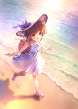 Rule 34 | 1girl, backpack, bag, beach, brown eyes, brown hair, clannad, commentary request, dress, frilled dress, frills, goto p, hat, highres, ocean, okazaki ushio, open-toe shoes, short hair, smile, solo, sun hat, sundress, white dress, white hat