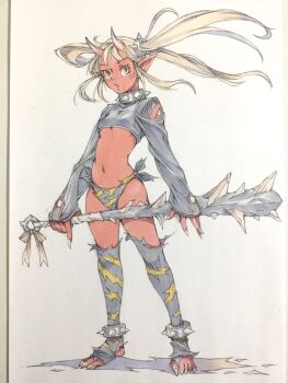 1girl animal_print black_shirt blonde_hair breasts club club_(weapon) collar colored_skin commentary crop_top fingernails floating_hair full_body highres holding holding_club holding_weapon horns kanabou long_hair long_sleeves looking_at_viewer navel no_symbol oni original panties parted_lips peter_salt pointy_ears print_panties print_thighhighs red_skin sharp_fingernails sharp_toenails shirt side-tie_panties skin-covered_horns sleeves_past_wrists small_breasts solo spiked_anklet spiked_club spiked_collar spikes standing stomach thighhighs thighs tiger_print toeless_legwear toenails torn_clothes torn_thighhighs traditional_media underboob underwear weapon white_background yellow_eyes