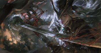 1girl ascot blood bloodborne cape closed_mouth commentary gloves grey_hair hat highres holding holding_weapon jlien- lady_maria_of_the_astral_clocktower long_hair long_sleeves looking_at_viewer ponytail solo_focus tricorne watermark weapon