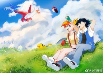 1girl :d arm_behind_head arms_behind_head arms_up artist_request ash_ketchum baseball_cap black_hair blue_eyes blue_jacket blue_sky closed_eyes cloud crop_top day denim eyelashes fingerless_gloves gen_1_pokemon gen_2_pokemon gen_3_pokemon gloves grass green_eyes green_gloves green_shorts grey_pants happy hat jacket latias latios legendary_pokemon looking_at_another midriff misty_(pokemon) nintendo open_clothes open_jacket open_mouth orange_hair outdoors pants pikachu pointing pokemon pokemon_(anime) pokemon_(classic_anime) pokemon_(creature) shirt shoes short_hair short_sleeves shorts side_ponytail sitting sky sleeveless smile sneakers source_request suspenders teeth togepi tongue unworn_hat unworn_headwear upper_teeth_only yellow_shirt