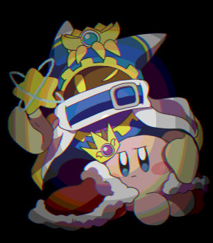 Rule 34 | black background, blue cape, cape, closed mouth, commentary request, crown, full body, fur-trimmed cape, fur trim, highres, jitome, kirby, kirby (series), magolor, nintendo, no humans, one eye closed, rayman limbs, red cape, roku (rokkrn), simple background, star (symbol)