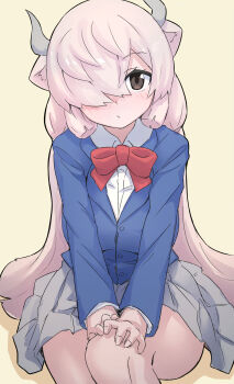 1girl absurdres blue_jacket blush bow bowtie brown_eyes collared_shirt cow_girl cow_horns grey_skirt hair_over_one_eye highres horns jacket kemono_friends kemono_friends_3 long_hair long_sleeves looking_at_viewer lowlandgorilla official_alternate_costume pleated_skirt red_bow red_bowtie school_uniform shirt sidelocks sitting skirt solo white_hair white_shirt yak_(kemono_friends)