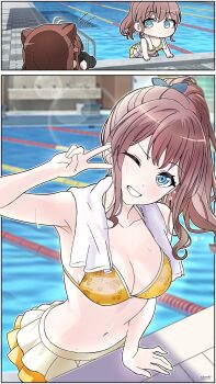 2girls bang_dream! bare_shoulders bikini bikini_skirt breasts brown_hair camera chibi cleavage collarbone hair_ornament highres holding holding_camera izami_md looking_at_viewer medium_breasts multiple_girls navel one_eye_closed ponytail pool poolside skirt smile star_(symbol) star_hair_ornament swimsuit towel towel_around_neck toyama_kasumi v water water_drop wet yamabuki_saya yellow_bikini