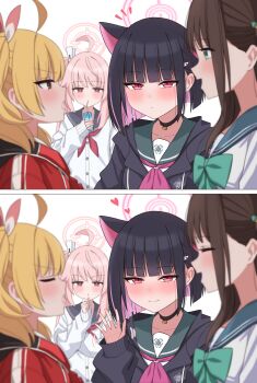 4girls :o absurdres after-school_sweets_club_(blue_archive) airi_(blue_archive) animal_ears black_choker black_hair black_jacket blonde_hair blue_archive blue_sailor_collar blunt_bangs blunt_ends blush bow brown_eyes brown_hair cat_ears cat_girl choker closed_mouth colored_inner_animal_ears colored_inner_hair commentary_request drink drink_carton drinking_straw drinking_straw_in_mouth green_bow green_eyes green_sailor_collar grey_sailor_collar halo hand_on_own_chin highres holding holding_drink jacket juice_box kazusa_(blue_archive) long_hair looking_at_another looking_at_viewer multicolored_hair multiple_girls natsu_(blue_archive) neckerchief onsen_(asnrtnbrsiku) open_hand open_mouth pink_hair pink_halo pink_neckerchief red_jacket red_neckerchief sailor_collar short_hair side_ponytail smile twintails two-tone_hair upper_body white_jacket yoshimi_(blue_archive)