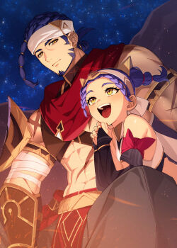 1boy 1girl :d abs aged_down bandaged_arm bandages black_gloves bridal_gauntlets commentary_request elbow_gloves father_and_daughter genshin_impact gloves hairband headband jebrael_(genshin_impact) jeht_(genshin_impact) muscular muscular_male onimoti open_mouth own_hands_clasped own_hands_together purple_hair quad_braids scar scar_on_arm scar_on_chest smile white_hairband white_headband yellow_eyes