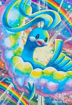 altaria beak bird dragon enryuu_(pixiv3483358) feathers fluffy gen_3_pokemon looking_at_viewer nintendo no_humans open_mouth pokemon pokemon_(creature) pokemon_focus rainbow smile white_feathers wings