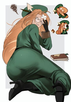 1girl adjusting_eyewear ahoge ankle_boots arrow_(symbol) ass baguette_cookie belt beret black-framed_eyewear black_belt black_boots black_gloves book boots border brown_eyes brown_hair clenched_teeth commentary cookie_run cookie_run:_ovenbreak curtained_hair dress food-themed_hair from_behind full_body glasses gloves green_dress green_hat grey_background hand_up hat high_heel_boots high_heels highres hjoe8 long_dress long_hair long_sleeves looking_ahead mature_female official_art_inset one_eye_closed outline outside_border reference_inset round_eyewear semi-rimless_eyewear sidelocks simple_background sitting solo squiggle sweatdrop teeth v-shaped_eyebrows very_long_hair white_border white_outline yokozuwari