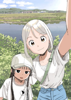 2girls :d absurdres age_difference amano_saku arm_up baseball_cap black_eyes black_hair bob_cut brown_eyes brown_hair closed_mouth day denim denim_shorts grass hair_between_eyes hasegawa_minato hat highres hime_cut hotei_ran long_hair looking_at_viewer mountain multiple_girls open_mouth outdoors pov river rural sabotage_summer selfie shirt short_hair short_sleeves shorts sidelocks sketch smile summer t-shirt upper_body water white_shirt