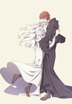 1boy 1girl ^_^ absurdres azem_(ff14) black_robe boots braid brown_boots closed_eyes dreaminglum facing_viewer final_fantasy final_fantasy_xiv from_side full_body half_up_braid hands_on_another&#039;s_back highres hug long_hair mutual_hug red_hair robe short_hair simple_background sophist&#039;s_robe_(ff14) standing venat_(ff14) white_hair white_robe wide_sleeves yellow_background