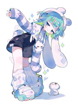 Rule 34 | 1girl, :3, absurdres, ahoge, animal hat, black shorts, blue eyes, blunt bangs, blush stickers, closed mouth, commentary request, cotono (nazekun), full body, green hair, green shoes, hair ornament, hairclip, hand up, hat, highres, layered sleeves, leaning forward, long sleeves, looking at viewer, original, parallel hairclips, rabbit, rabbit hat, ribbed socks, shirt, shoes, short hair, short over long sleeves, short sleeves, shorts, signature, simple background, sleeves past wrists, smile, socks, solo, sparkle, standing, striped sleeves, two side up, watermark, white background, white hat, white shirt, white socks, x hair ornament