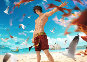 aang abs appa artist_name avatar:_the_last_airbender avatar_legends beach bikini bird black_hair cloud english_text fire hydrokinesis katara male_focus navel ocean pectorals pyrokinesis realistic scar scar_on_face seagull short_hair sokka solo_focus summer surfing swimsuit toph_beifong topless_male ty_lee water watermark web_address zarory zuko