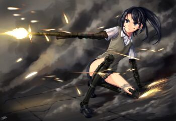 1girl ak-74 android arm_support artificial_legs assault_rifle bad_id bad_pixiv_id black_eyes black_hair dreadtie female_focus firing gun highres kalashnikov_rifle muzzle_flash on_one_knee original parted_lips ponytail prosthesis prosthetic_arm rifle school_uniform signature solo sweater_vest weapon