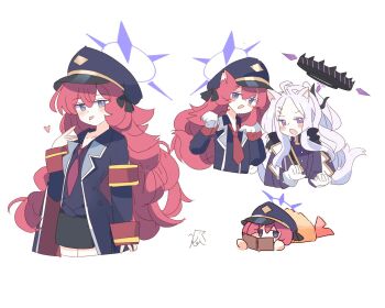 2girls ahoge black_coat black_hat black_skirt blue_archive blue_eyes blush breasts coat coat_on_shoulders commentary_request hat heart hina_(blue_archive) iroha_(blue_archive) long_hair looking_at_viewer multiple_girls nagatsuki_kei_(nagatsuki22) open_mouth purple_eyes red_eyes simple_background skirt small_breasts upper_body very_long_hair white_background white_hair