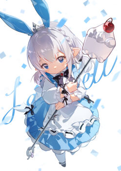 1girl absurdres animal_ears blue_dress blue_eyes dress final_fantasy final_fantasy_xiv food hakuto_kinkinko highres holding lalafell pointy_ears rabbit_ears solo warrior_of_light_(ff14)