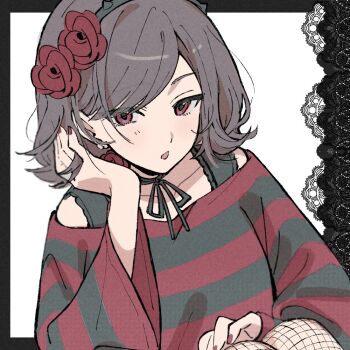 Rule 34 | 1girl, black border, black choker, black hairband, black ribbon, black shirt, bob cut, border, choker, commentary request, ebizuka tomo, expressionless, fingernails, fishnet pantyhose, fishnets, flipped hair, flower, flower hairband, girls band cry, gothic punk, grey hair, hair behind ear, hair flower, hair ornament, hairband, hand in own hair, hand up, knees up, kuji (orca9ji), lace, lace border, long sleeves, loose clothes, loose shirt, multicolored shirt, nail polish, off-shoulder shirt, off shoulder, official alternate costume, official alternate hairstyle, open mouth, ornate border, pantyhose, parted bangs, red eyes, red flower, red nails, red rose, red shirt, ribbon, ribbon choker, rose, shirt, short hair, side part, simple background, sitting, solo, spiked hairband, spikes, striped clothes, striped shirt, two-tone shirt, white background, wide sleeves